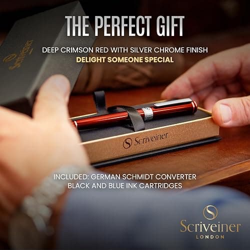 Scriveiner Deep Crimson Red Fountain Pen - Stunning Luxury Pen with Chrome Finish, Schmidt Nib (Medium), Best Pen Gift Set for Men & Women, Professional, Executive, Office, Nice Pens thumbnail 3