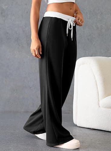 Herseas Women's Contrast Color Waistband Sweatpants Wide Leg Pants with Drawstring Buckle thumbnail 2