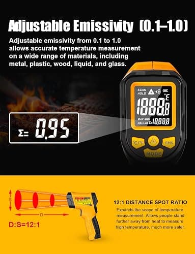 NJTY Infrared Thermometer Gun, -58℉ to 1472℉, High Precision, Non-Contact Laser Temperature Sensor with Backlit LCD, for Cooking, BBQ, Automotive, Industrial Use thumbnail 6