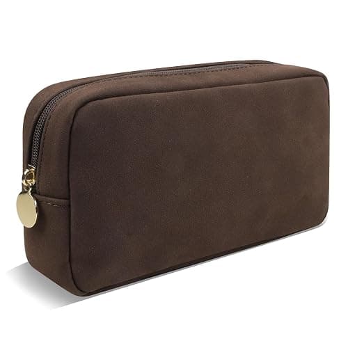UIXIZQ Small Makeup Pouch for Purse, Suede Travel Toiletry Storage Pouch Cute Preppy Cosmetic Bag for Women Girls, Waterproof Makeup Organizer Skincare Bag Purse with Zipper (Small-Coffee) - Image 1