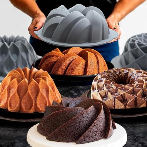 Tongjude 4 Pieces Silicone Fluted Cake Pans, 9/10/12 Cups Tube Baking Pan, Silicone Molds for Homemade Cake, Bread and Jello, Non-Stick, Grey thumbnail 2