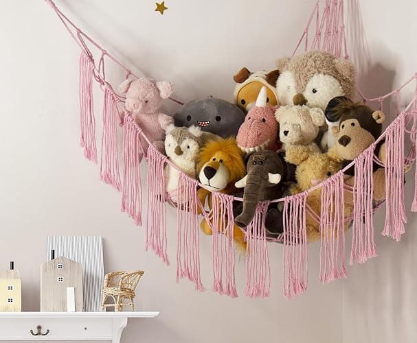 Stuffed Animal Hammock Corner Net with LED Light - Toy Storage Holder - Pink Cute Room Bedroom Decor for Teen Girls - Cute Bedroom Aesthetic Stuff for Baby Nursery Toddler Kids 8-10 - 12 Years Old thumbnail 2