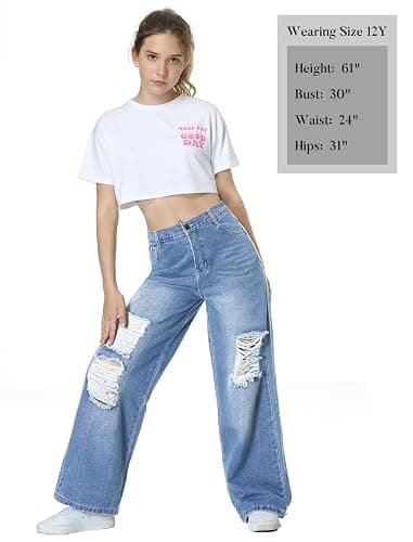 EXARUS Girls Jeans Baggy Pants Wide Leg/Flare Teen Clothes Ripped Denim Tween Preppy Casual Youth Kids Junior 6-14Y thumbnail 5
