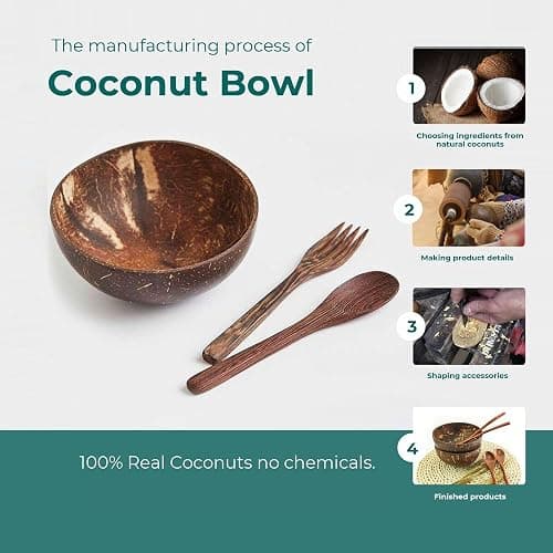 ENEOCARE Natural Coconut Bowls with Spoons and Forks | Eco-friendly Vegan Organic Non-toxic Reusable Smoothie Buddha Acai Bowl for Kitchen, Dining and Decoration (Set of 2) thumbnail 5