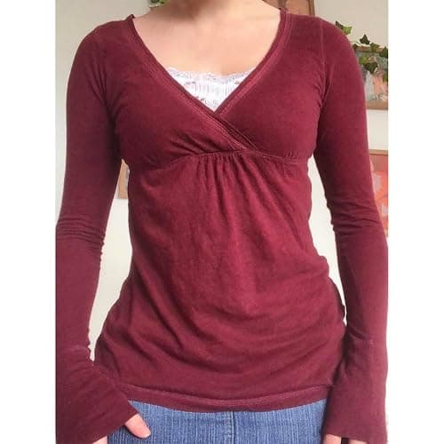 Women Fairy Grunge Aesthetic Shirts Tops Long Sleeve V Neck Tops Girl Basic Slim Fit Blouse Streewear thumbnail 5