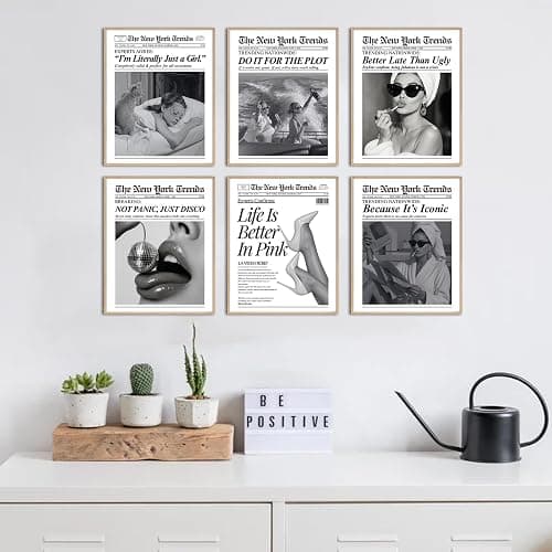 uniro Trendy Newspaper Wall Art Prints, Vintage Black & White Newspaper Wall Decor Aesthetic Pictures, Retro Girly Dorm Room Decor, Funky Bathroom Wall Decor Disco Poster for Teen Girl Bedroom Apartment, Bar Cart decor - Unframed thumbnail 3