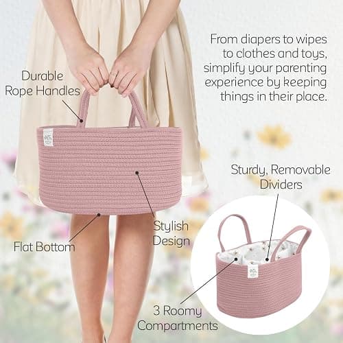KiddyCare Diaper Caddy Organizer for Baby Nursery Basket with Handle Lid | Nursing with Changing Table Organizer Cart, Newborn Caddy | Rosy (Floral Print) X-Large thumbnail 5