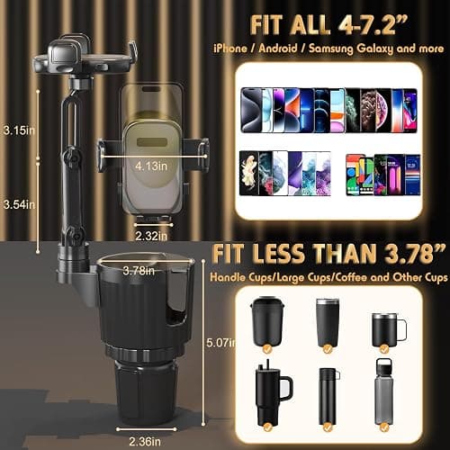 Phone Holders for Your Car, 2 in 1 Universal Cup Holder Expander Adjustable Base with Phone Mount, Long Arm with 360°Rotation Cup Holder Phones Mount for Car Compatible with All Smartphones thumbnail 4
