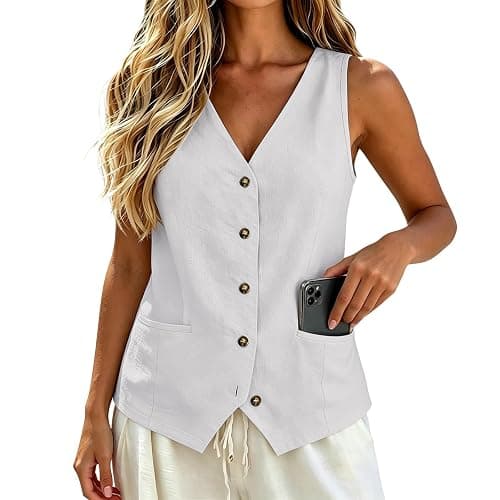 Vest Tops for Women Cotton Linen Button Down Sleeveless Shirts Business Casual Tank Vests 2026 Summer with Pockets thumbnail 5