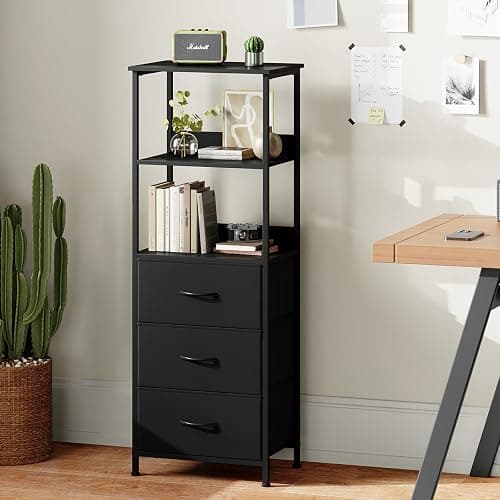 Somdot 3 Tier Bookshelf with Drawer, Tall Bookcase with Shelves, Bookshelf Desktop Organizer, Display Standing Shelf Units for Living Room, Bedroom, Study Room, Black thumbnail 5