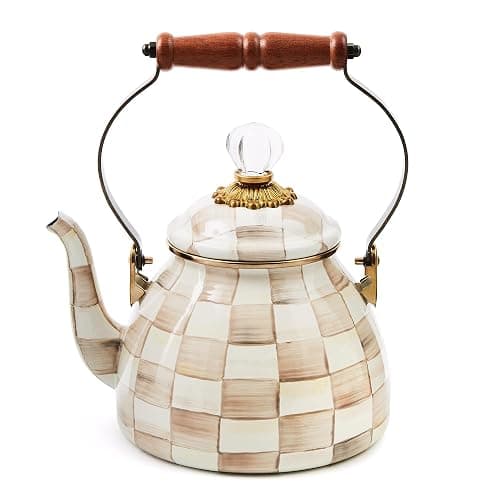 MACKENZIE-CHILDS Enamel Tea Kettle, Stylish Tea Kettle for Stovetop, Brown-and-White Mocha Check, 2 Quarts - Image 1