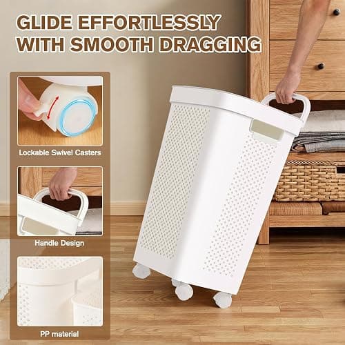 Ultra Wheeled Laundry Hamper with Lid, Suspended basket，Handle and Wheels for Easy Rolling of Clothes to and from The Laundry Room, Plastic（White） thumbnail 4