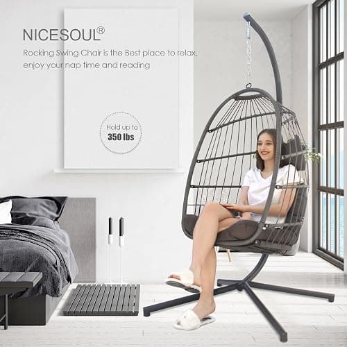 NICESOUL Egg Chair Indoor Outdoor, Patio Wicker Egg Swing Chair with Stand, Comfy Padded Cushion Hanging Basket Chair, 350lbs Capacity Birthday Gift Hammock Chair for Outside Backyard Bedroom, Gray - Dark Gray thumbnail 2