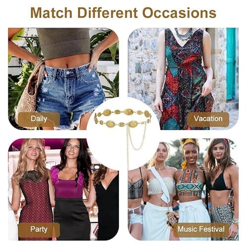 Alaoo Western Gold Metal Concho Chain Belt, Gold Chain Belt for Women, Western Cowgirl Waist Chain Adjustable Gold Metal Vintage Belt, Boho Golden Waist Chain Belts for Women Dresses Jean thumbnail 6