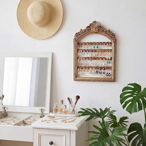 Fiwochic 1 Pcs 10 x 6.9'' Wall Hanging Earring Holder Organizers Vintage Arched Frame 4 Layer Wall Mounted Jewelry Holder Decorative Retro Baroque Stud Earring Display (Gold) thumbnail 4