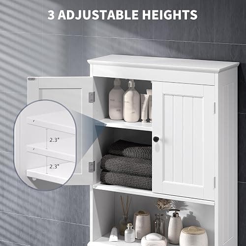 Bealife Over The Toilet Storage Cabinet with Open Shelf, Organizer with Adjustable Shelf and Double Doors,Over The Toilet Storage Shelf Free Standing- White thumbnail 7
