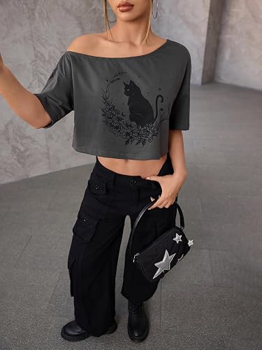 SOLY HUX Women's Off The Shoulder Crop Tops Graphic Tees Y2k Short Sleeve Loose Fit T Shirts Streetwear thumbnail 5