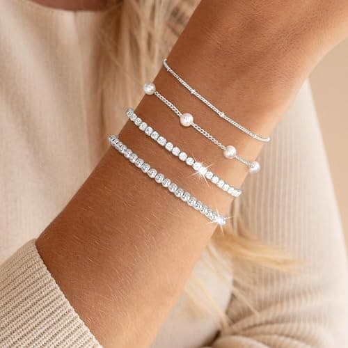 RMOYI Pearl Bracelets for Women Tennis Bracelet Dainty 14K Gold/Silver Plated Beaded Bracelets for Women Cubic Zirconia Bracelet Stack Pearl Jewelry Set thumbnail 2