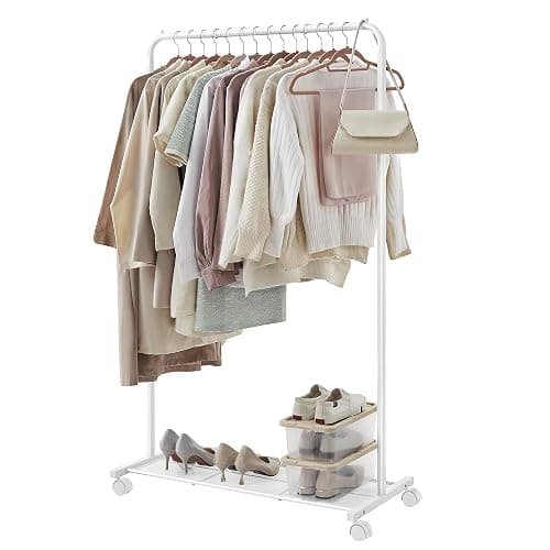 SONGMICS Clothes Rack with Wheels, 35.8 Inch Garment Rack, Clothing Rack for Hanging Clothes, with Dense Mesh Storage Shelf, 110 lb Load Capacity, 2 Brakes, Steel Frame, White UHSR025W01 thumbnail 2