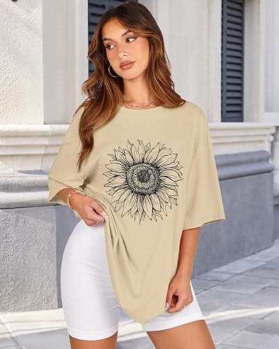 Womens Oversized Tshirt Graphic Tees Crew Neck Summer Short Sleeve Loose Fit Tops - Small - A-sunflower Print Khaki thumbnail 3