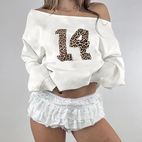Hesaco Number 14 Off Shoulder Oversized Sweatshirt Women Long Sleeve Leopard Graphic Jerseys Y2k Pullover Streetwear thumbnail 2