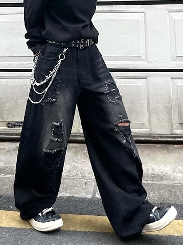 DFGIGT Hip Hop Baggy Jeans for Men with Hole Distressed Wide Leg Skater Jeans Loose Fit Denim Pants Streetwear thumbnail 3