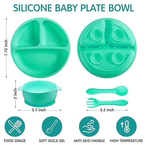 CHENGU 12 Pcs Silicone Bowl with Suction Set for Baby Toddler with Suction Plate, Spoon and Fork, Divided Design Baby Feeding Utensils Weaning Kit, Dishwasher and Microwave Safe thumbnail 3