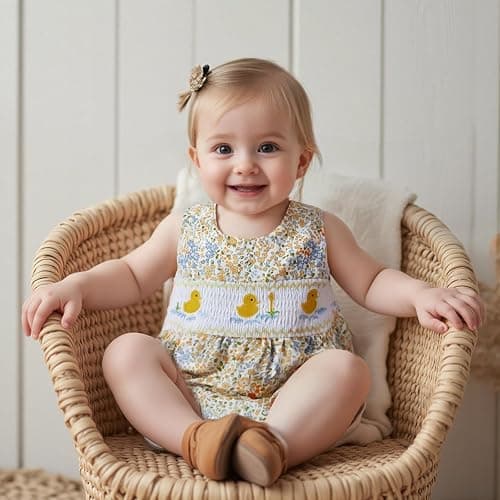 Xnqiwq Baby Girl Floral Bubble Romper with Duck Embroidery Sleeveless Smocked Bodysuit Farm Animal Summer Outfit thumbnail 3