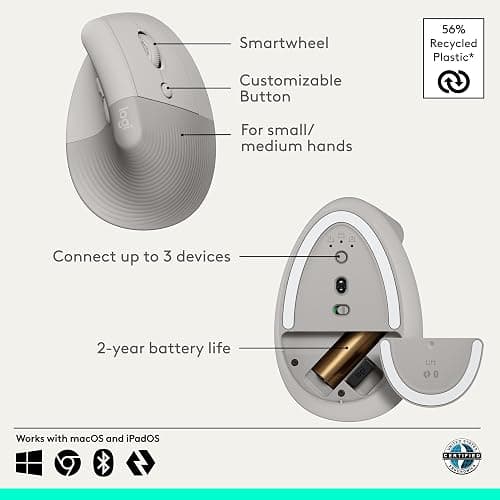 Logitech Lift Vertical Ergonomic Wireless Mouse - Sand | Connect via Bluetooth or included Logi Bolt USB-A receiver, quiet clicks, 4 of 6 buttons customizable, Windows Mac compatible thumbnail 6