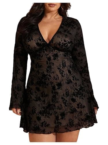 WDIRARA Women's Plus Size Floral Mini Dress Mesh Goth A Line Dresses | V Neck，Long Sleeve - Image 1