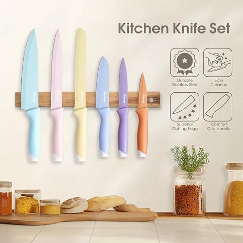 Hancorys Colorful Knife Set, 13 Pieces Kitchen Knives Set with Nonstick Ceramic Anti-Rust Coating, Chef Knife Sets with 6 Blade Guards, Dishwasher Safe, Gifts Knife Set for Women thumbnail 6