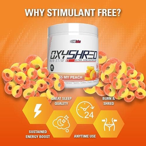 EHP Labs OxyShred Non Stimulant Pre Workout Powder - Stim Free Pre Workout, Caffeine Free Preworkout for Men & Women with L Glutamine & Acetyl L Carnitine - Peach, 60 Servings thumbnail 7