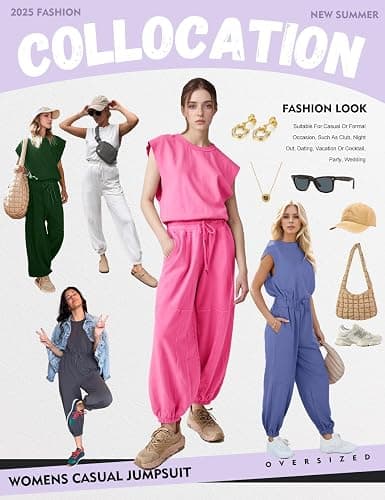 Flygo Womens Casual Jumpsuit Crewneck One Piece Outfits with Pockets | Cap Sleeve, Round Neck, Back Cutout, Drawstring Elastic Waist, Ankle Length, Long Wide Leg Pants, Summer Lounge Travel Outfit thumbnail 7