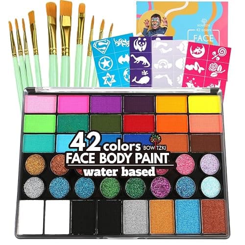 Bowitzki Face Paint Kit,42 Water Based Non Toxic Face Paint with face paint Colors,16 Glitters, 32 Stencils & 10pcs Brushes, Professional Body Face Paint Makeup For Party,Halloween,Carnival,Festival - Image 1