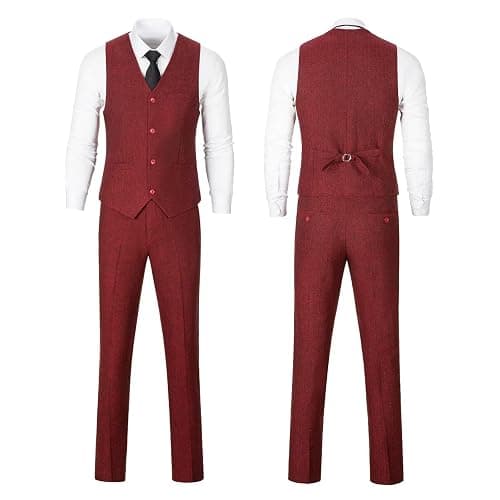 Retro 3 Piece Suit Tweed Herringbone Men's Suits Slim Fit Groom Tuxedos Set Prom Brown Grey Jacket Blazer Vest Pants thumbnail 7