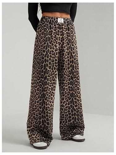 RoseSeek Women's Leopard Print Wide Leg Pants Patched Elastic Waist Casual Loose Trousers thumbnail 3
