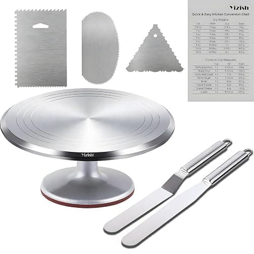 Tortenplatte Drehbar Aluminiumlegierung, Yizish Drehbare Tortenplatte 31 cm, Drehteller Torte Dekorationssets mit 2 Eisspatel und 3 Teigschaber Edelstahl zum Backen, Gebäck und Muttertag - Image 1