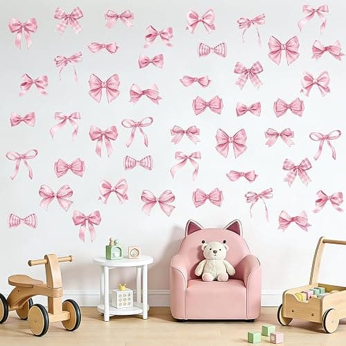 8Sheets 60Pcs Pink Bow Wall Stickers and Decals，Bow Wall Decor for Girls Room Coquette Decor Bow Wallpaper Peel and Stick for Kindergarten Nursery Bedroom - Image 1