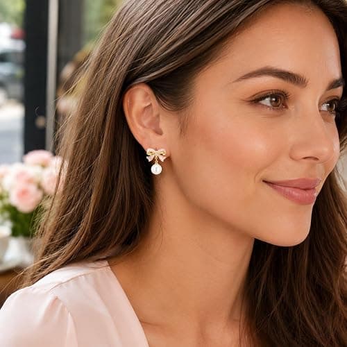 Bow Earrings for Women Trendy Stuff Cute Bow Pearl Drop Dangle Earrings Bowknot Stud Prom Wedding Party Daily Jewelry Accessory Gifts Pink Dress for Women thumbnail 2