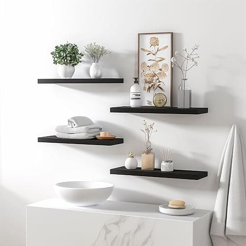 YYWUOJJ Wood Floating Shelves for Wall Decor, Rustic Wall Shelves for Bedroom Bathroom Kitchen Living Room, Set of 6 Black thumbnail 2