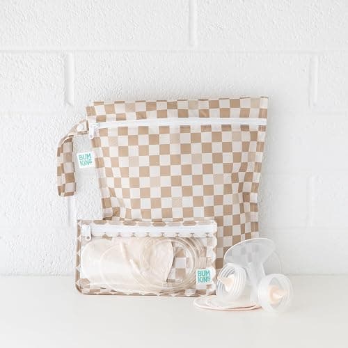 Bumkins Waterproof Wet Bag and Packing Pouches, TSA Airline Compliant, Pack for Baby, Travel, Swim Suit, Cloth Diapers, Pump Parts, Pool, Gym Clothes, Toiletry, Daycare, Zip Bag, 4-pc Set Beige Check - A3 Beige Check thumbnail 5