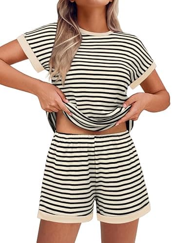 Ekouaer 2 Piece Sets for Women Summer Outfits Cute Stripe Knit T Shirts Shorts Matching Lounge Set - Image 1