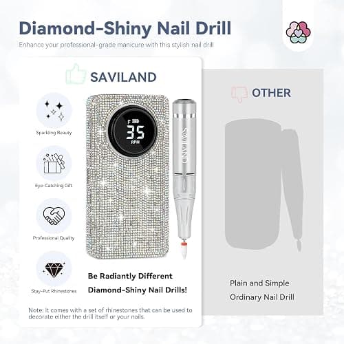 SAVILAND Professionl Nail Drill Kit: Diamond Shiny | 35000RPM Electric Nail Drill Machine | Professional Drill Bits Drill Nail File Buffer Dust Brush Expert Salon Use Manicure Pedicure - Glitter thumbnail 3
