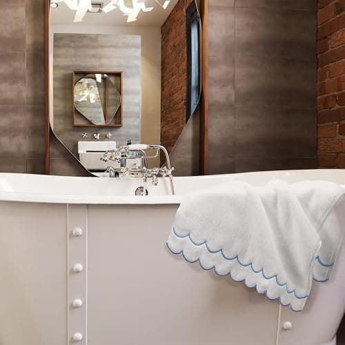 Hahafelt 2 Pcs Scalloped Hand Towels 100% Cotton Hand Towels for Bathroom 15.75 x 27.56 Inch 600 GSM Cute Soft Absorbent Embroidered for Hotel Spa Sport Yoga(Blue,Classic) thumbnail 5