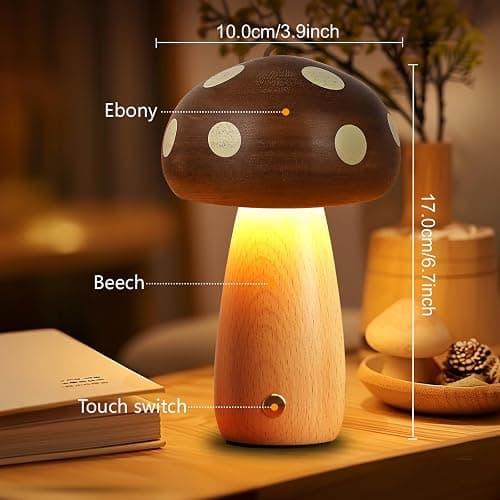 LONRISWAY LED Wooden Mushroom Lamp for Bedroom,Portable Cordless Touch Switch Small Rechargeable Battery Operated Lamp,Stepless Dimming, Night Light for Birthday Gifts thumbnail 7