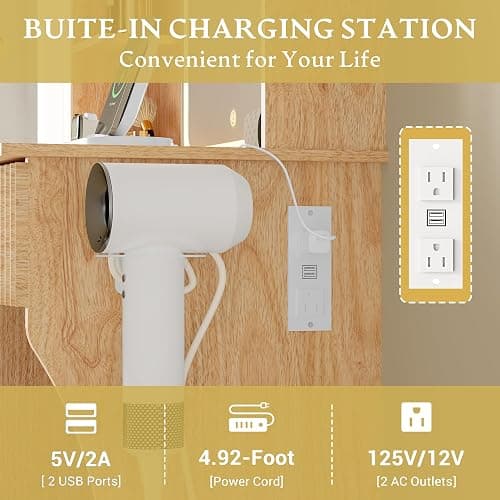 Vanity Desk with LED Lights Mirror & Power Outlet, Small Makeup Vanity Table Set with Storage Drawers & Chair, 3 Lighting Modes & Adjustable Brightness, Dressing Table for Women Girls Bedroom, Oak thumbnail 7