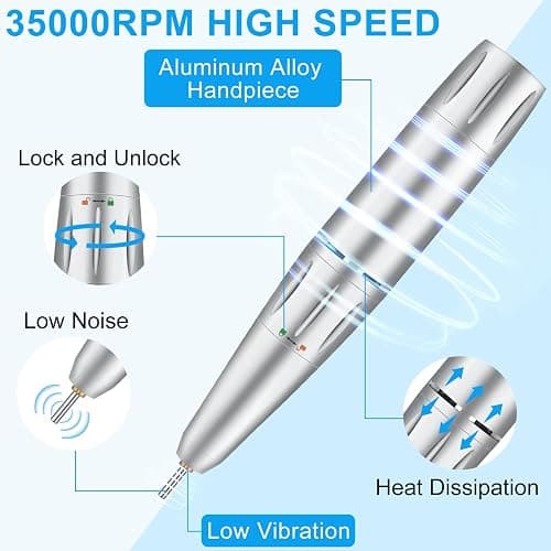 Electric Nail Drill, Urbuti 35000RPM Professional Nail Drill Machine, Portable Rechargeable File Machine Set for Acrylic Gel Nails, Manicure Pedicure Tools for Home and Salon Use(White) thumbnail 3