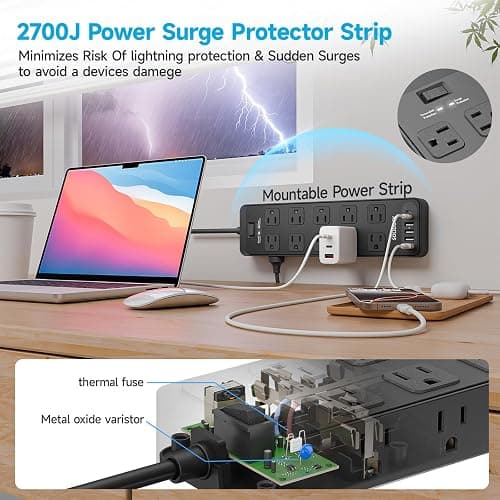 Solidock 20 Outlet Power Strip with USB C,6Ft Extension Cord with Multiple Outlets, 2700 Joules Surge Protector,1875W/15A, ETL Listed for Home Office Dorm Gaming thumbnail 6