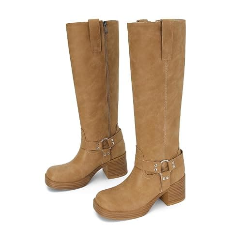 Dsevht Leather Knee High Chunky Platform Heeled Long Boots for Women: Round Toe GoGo Riding Motocycle Boots thumbnail 4