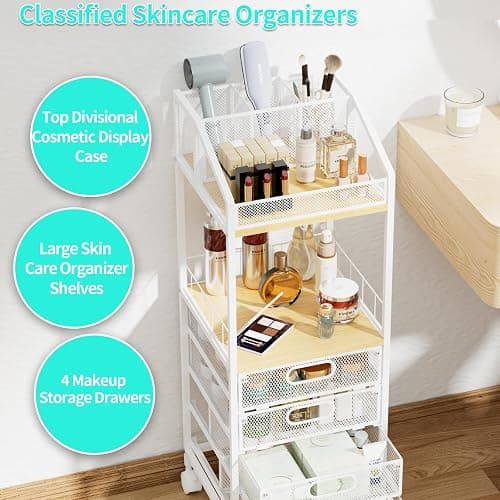 HapiRm Makeup Organizer Storage Cart - Floor Skincare Make Up Storage with 4 Drawers, Rolling Makeup Cart Vanity Organizer Cosmetics Display Cases Holder for Skin Care Perfume Nail Polish thumbnail 5